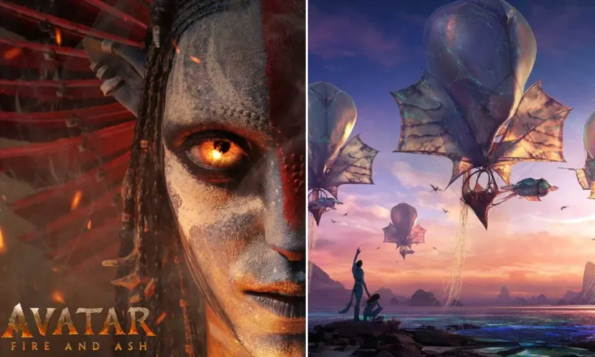 A split promotional image for Avatar: Fire and Ash showing an ash-marked Na'vi face beside floating jellyfish-like creatures at dusk