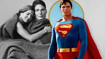 Christopher Reeve with his wife alongside an image of him in the Superman costume