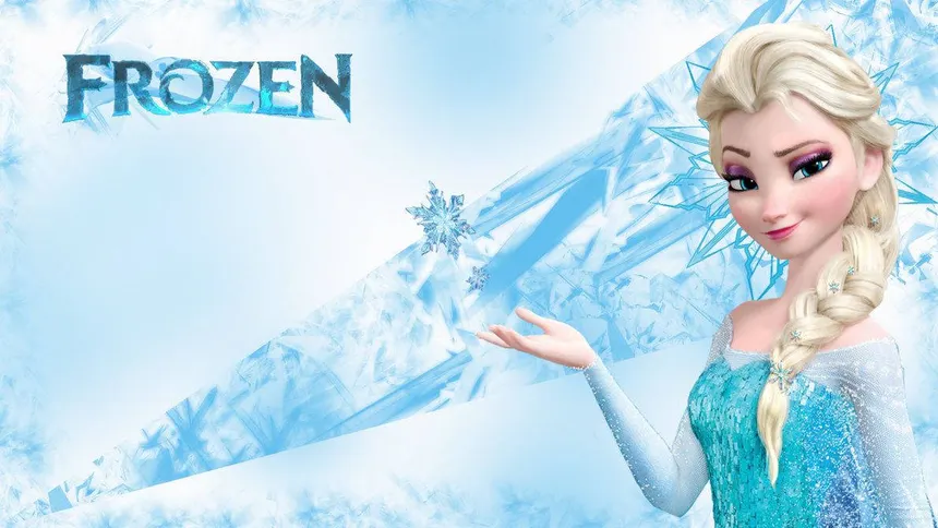 Elsa conjuring magic with her hand beside her ice palace in a snowy mountain landscape from Frozen