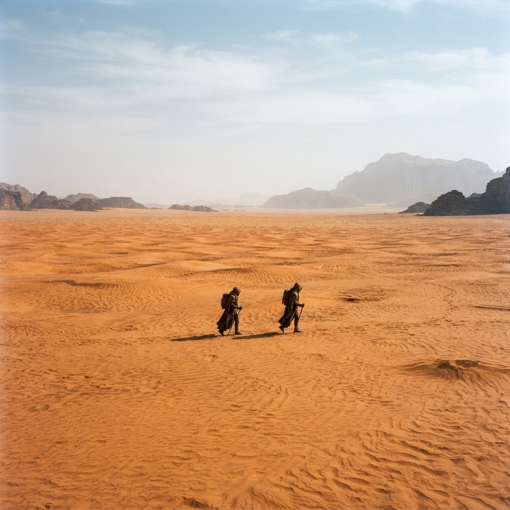 Two small hooded figures crossing an immense rippled orange sand desert under a pale sky