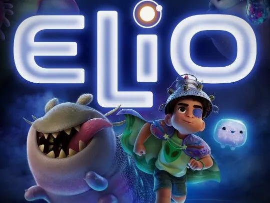 The animated poster for Pixar's Elio featuring the young boy, a friendly alien creature, and the glowing ELIO title
