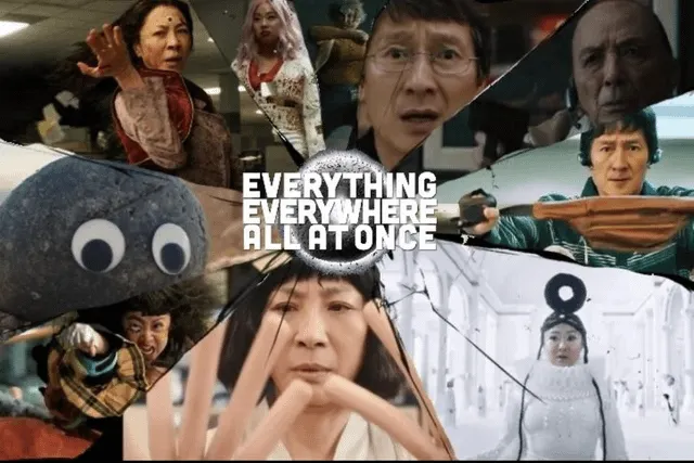 A fractured, collage-style poster for Everything Everywhere All at Once with images from across the film's multiverse