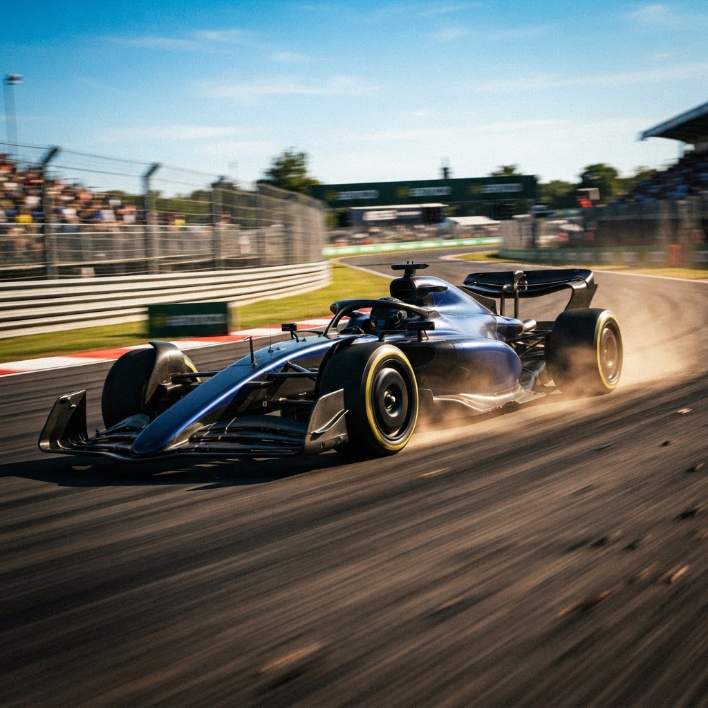 A Formula 1 style race car speeding around a sunlit circuit with intense motion blur