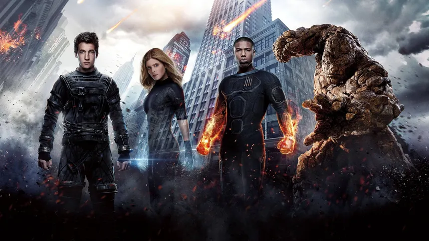 The four members of the Fantastic Four standing together before a burning city skyline in a promotional image