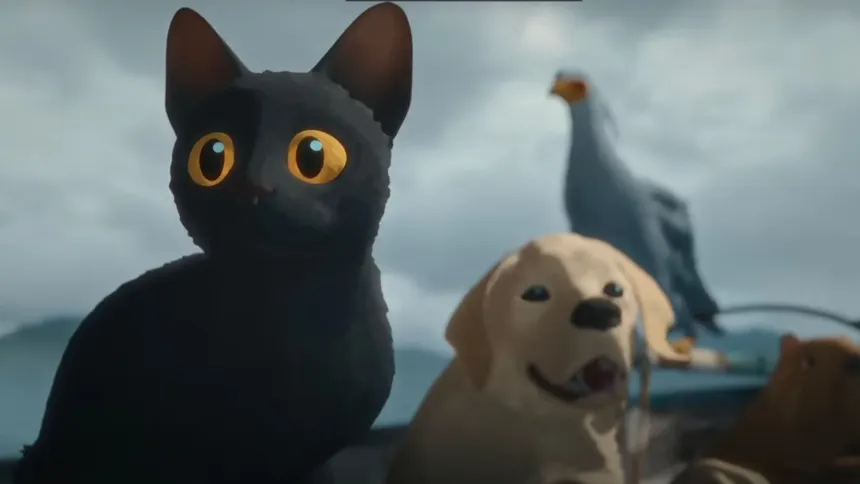 An animated black cat, a dog and a bird riding together in a small boat across water