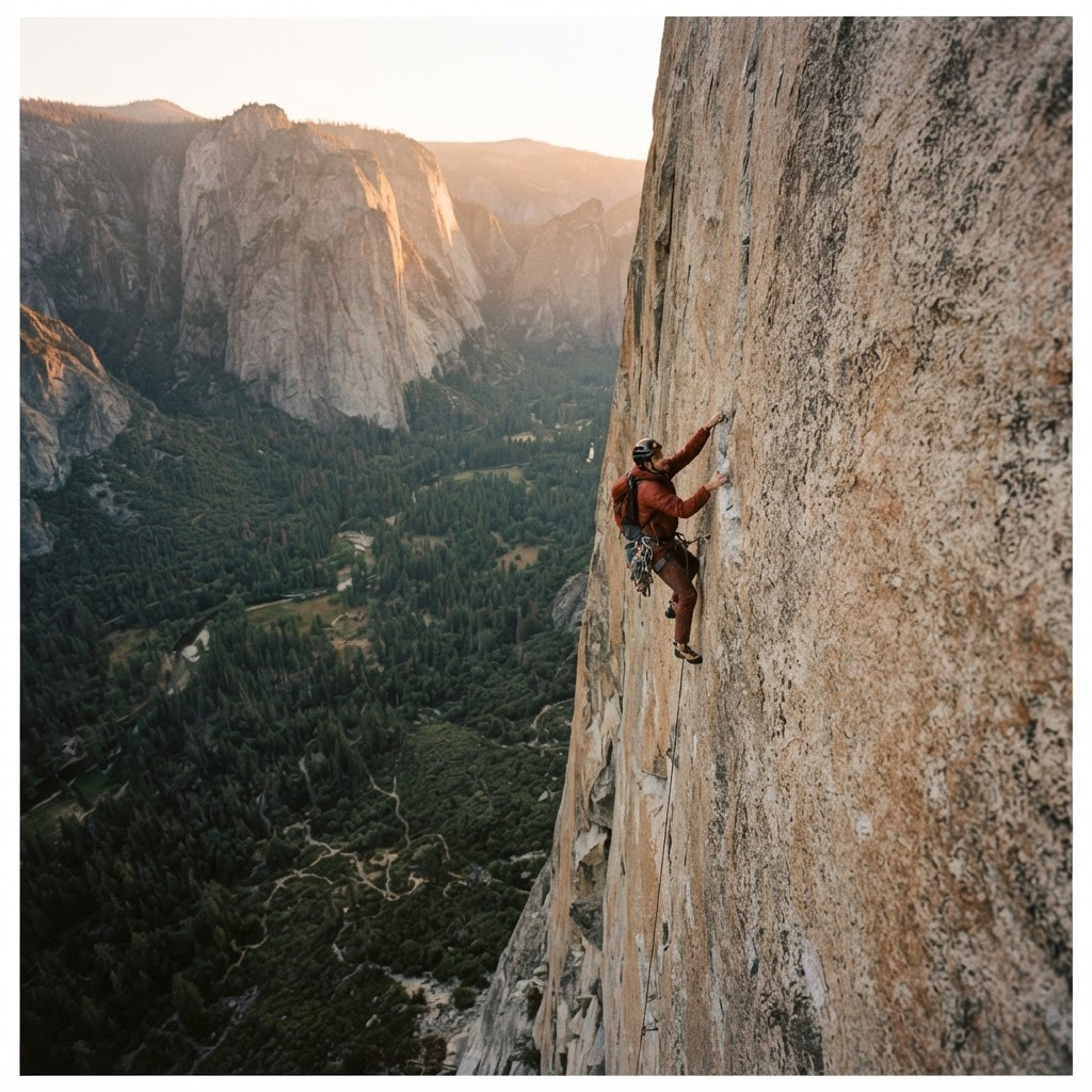 A climber clinging to a sheer granite cliff face high above a forested valley at golden hour
