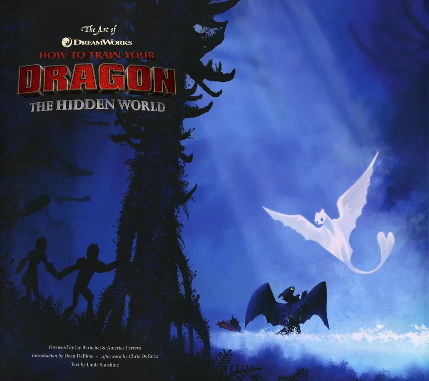 Concept art of a misty blue forest with a glowing white dragon flying above a darker dragon on the ground
