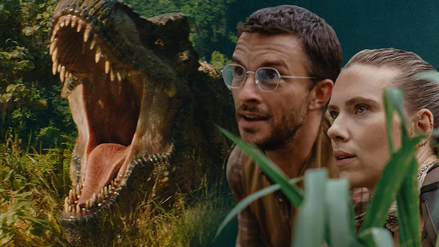 Two explorers in a dense jungle as a large dinosaur roars behind them
