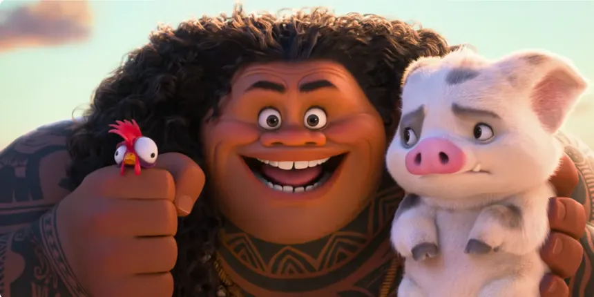 The demigod Maui with a rooster and a pig on a tropical shore in a still from Moana