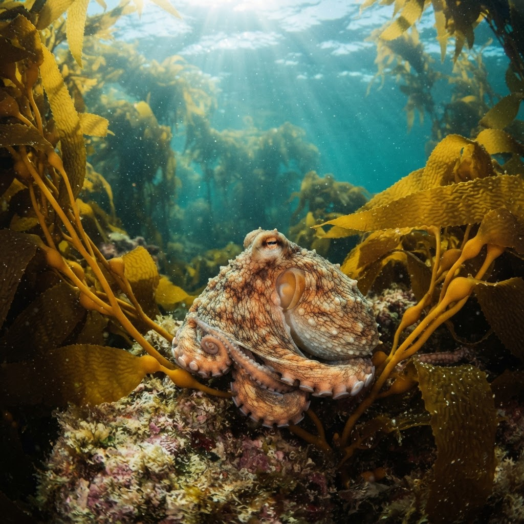 An octopus resting among a golden kelp forest with sunlight filtering through turquoise water
