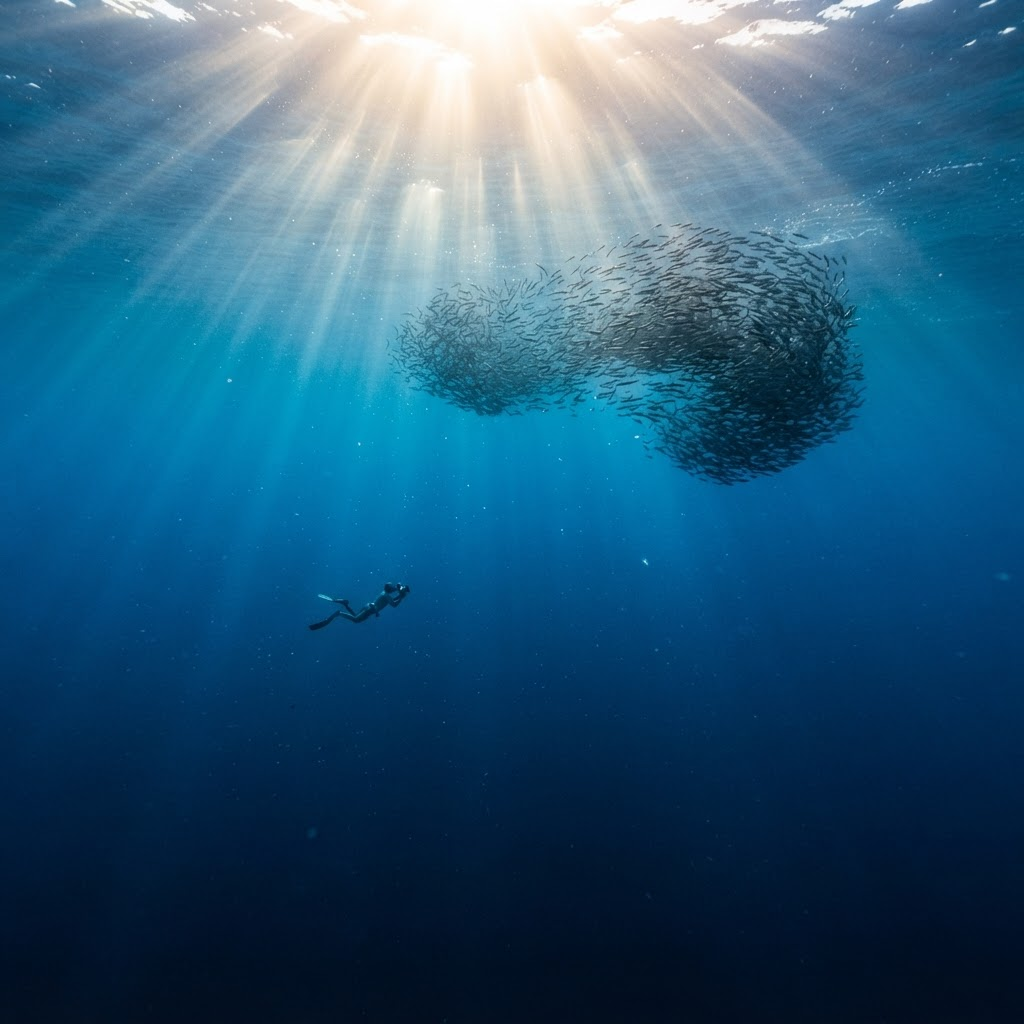Vast sunlit open ocean with rays of light piercing deep blue water and a distant school of fish