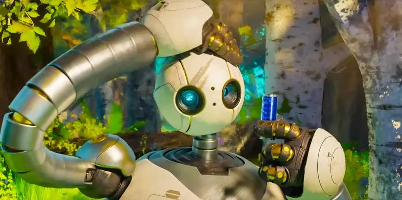 A weathered silver robot standing in a lush green forest holding a small glowing object